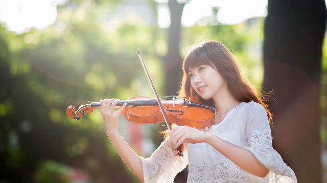 Woman violin park sunlight bokeh free wallpaper for desktop - medium preview image
