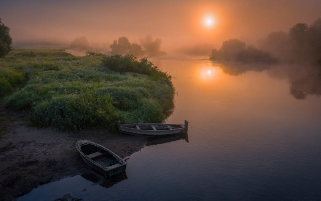 Boat shore river sunset fog #2 free wallpaper for desktop - medium preview image