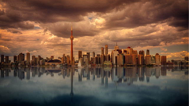 City skyline lake reflection matte free wallpaper for desktop - medium preview image