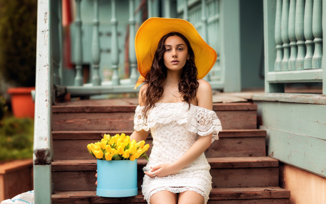 Yellow hat woman flowers basket free wallpaper for desktop - medium preview image