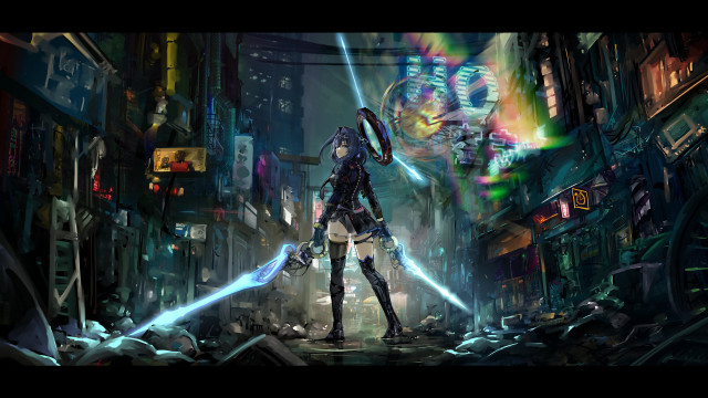 Futuristic city woman sword neon free wallpaper for desktop - medium preview image