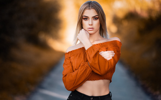 Woman crop top road trees free wallpaper for desktop - medium preview image