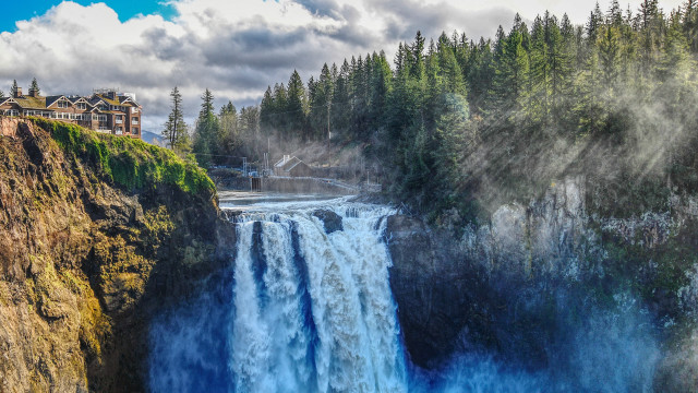 Waterfall house forest clouds tiltshift free wallpaper for desktop - medium preview image