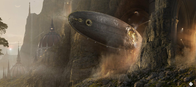 Futuristic city giant ship tall free wallpaper for desktop - medium preview image