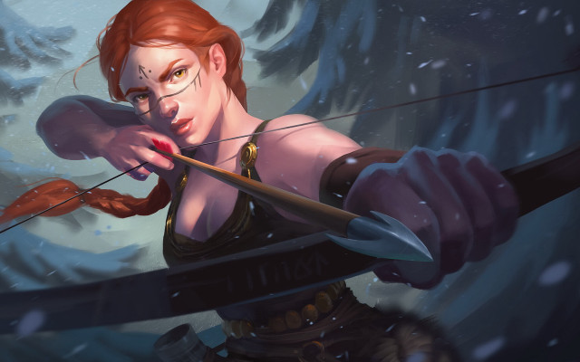 Red haired archer snowy background free wallpaper for desktop - medium preview image