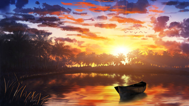 Boat lake sunset clouds birds free wallpaper for desktop - medium preview image