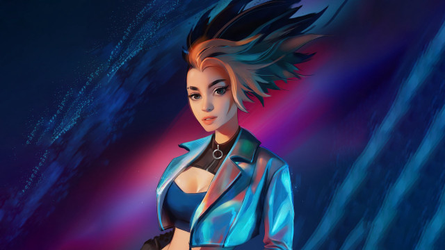 Woman bluejacket blackgloves purplelight cyberpunk free wallpaper for desktop - medium preview image