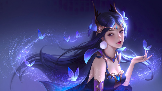 Woman blue dress butterfly purple #2 free wallpaper for desktop - medium preview image