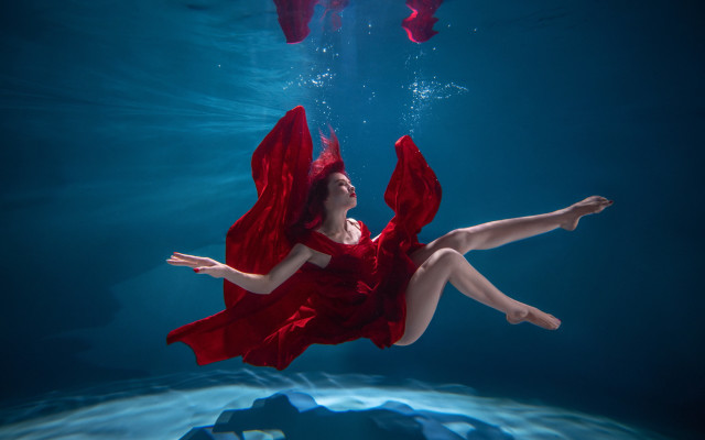 Woman red dress underwater floating free wallpaper for desktop - medium preview image