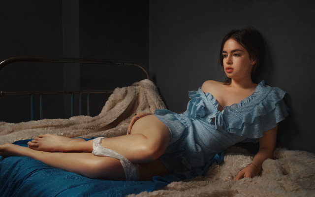 Woman blue dress bed room free wallpaper for desktop - medium preview image