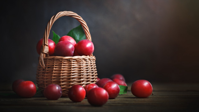 Basket cherries leaves dark background free wallpaper for desktop - medium preview image