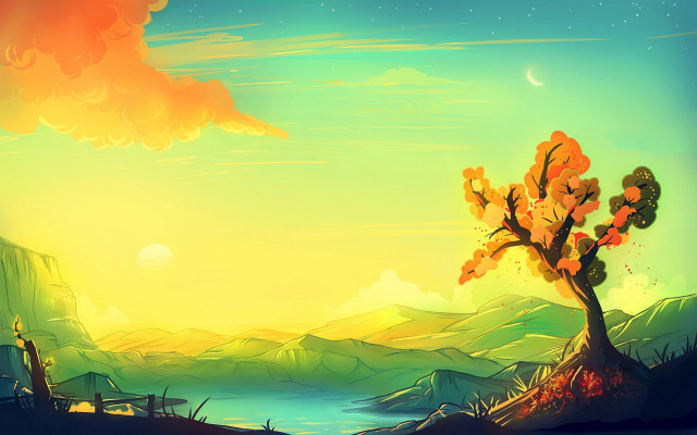 Fantasy tree mountains lake sunset free wallpaper for desktop - medium preview image