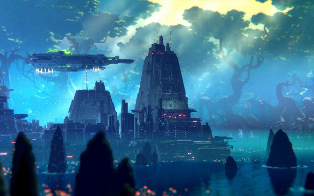 Futuristic city skyline afrofuturism matte free wallpaper for desktop - medium preview image