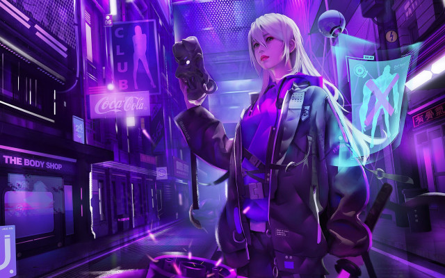 Woman purple outfit cellphone city free wallpaper for desktop - medium preview image