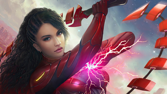 Woman red suit lightning bolt free wallpaper for desktop - medium preview image