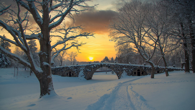 Snowy bridge dusk forest mountain free wallpaper for desktop - medium preview image