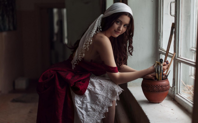 Woman weddingdress vase window broom free wallpaper for desktop - medium preview image