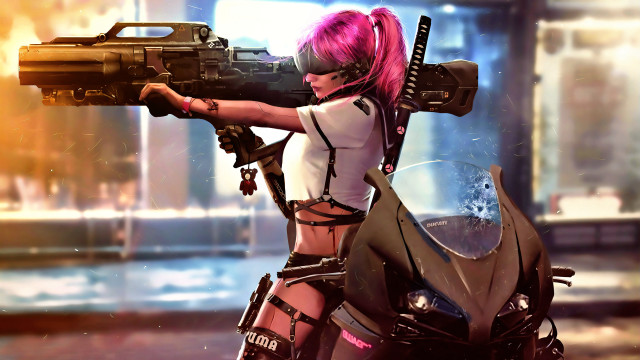 Pink hair woman motorcycle cyberpunk free wallpaper for desktop - medium preview image