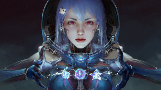 Blue haired futuristic saber lightbulb free wallpaper for desktop - medium preview image