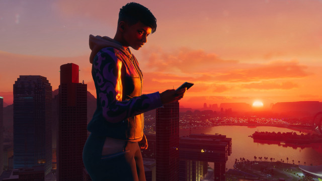Futuristic city sunset teenager hoodie free wallpaper for desktop - medium preview image