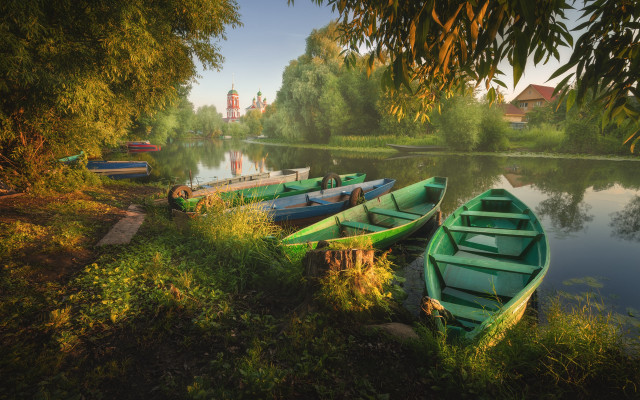 Green boats river forest grass free wallpaper for desktop - medium preview image