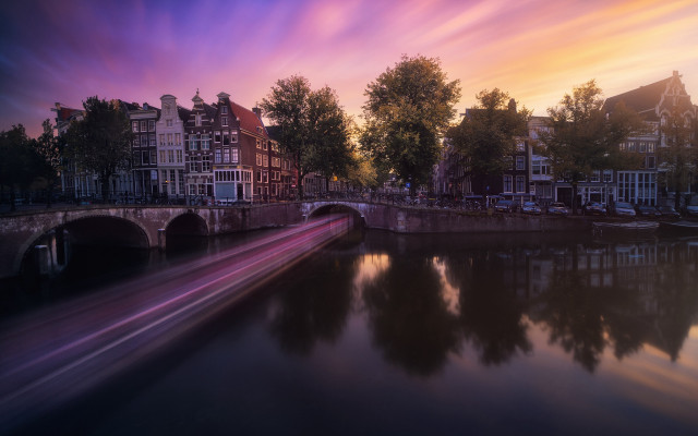 Sunset river bridge cityscape pink free wallpaper for desktop - medium preview image