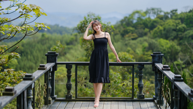 Woman black dress bridge woods free wallpaper for desktop - medium preview image