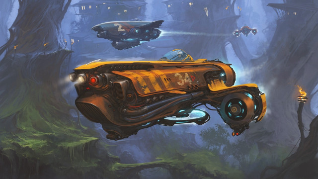 Yellow vehicle flying forest space free wallpaper for desktop - medium preview image