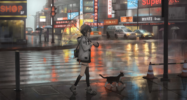 Woman dog rainy city umbrella free wallpaper for desktop - medium preview image