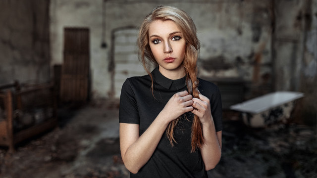 Woman red hair broken room free wallpaper for desktop - medium preview image