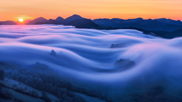 Sunset mountain sea clouds setting free wallpaper for desktop - medium preview image