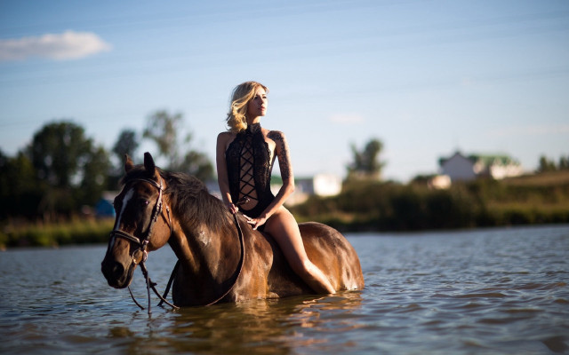 Woman horse water trees clouds free wallpaper for desktop - medium preview image