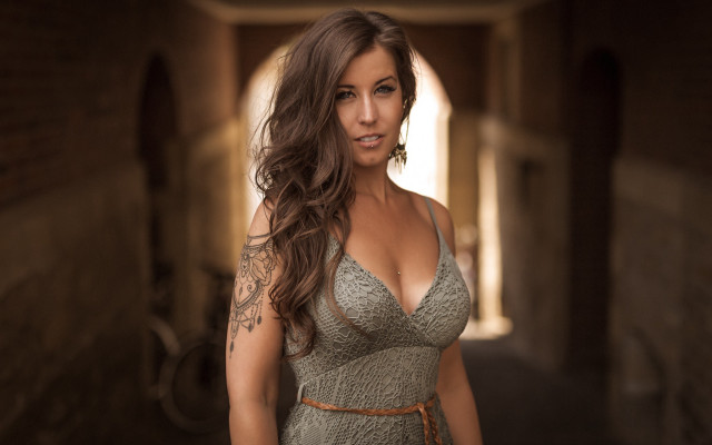 Woman dress hallway bike brick free wallpaper for desktop - medium preview image