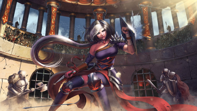 Purple woman sword fantasy art free wallpaper for desktop - medium preview image