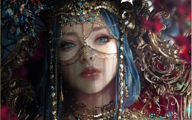 Blue hair mask gold headdress free wallpaper for desktop - medium preview image