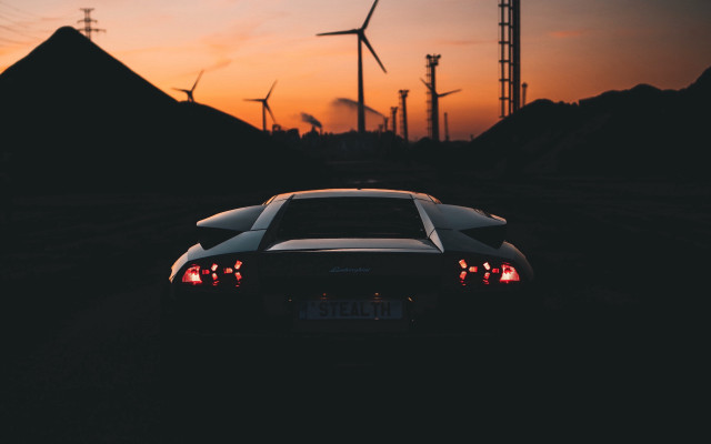 Car windmill sunset orange sky free wallpaper for desktop - medium preview image