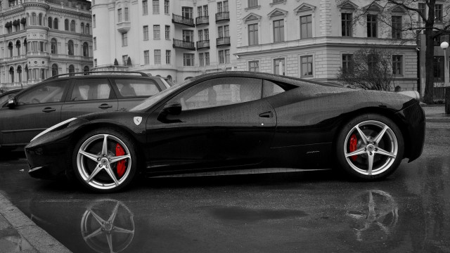 Black sports car wet street free wallpaper for desktop - medium preview image