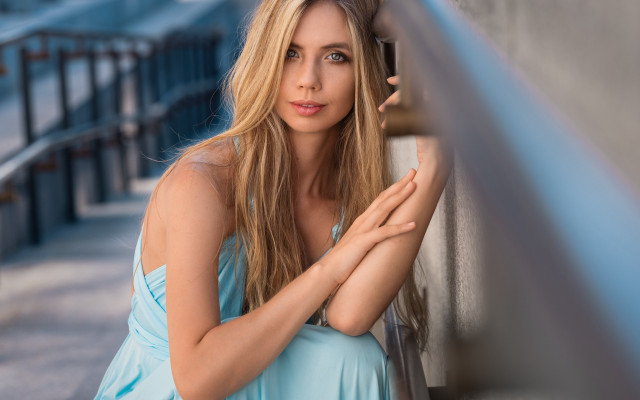 Woman blue dress sunglasses portrait free wallpaper for desktop - medium preview image