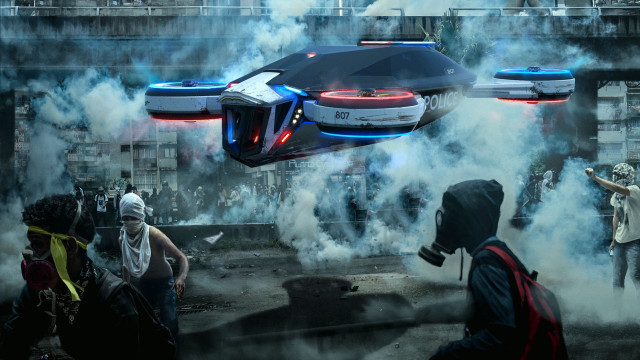 Futuristic flying vehicle crowd smoke free wallpaper for desktop - medium preview image