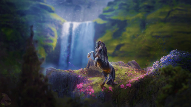 Woman horse waterfall fantasy matte free wallpaper for desktop - medium preview image