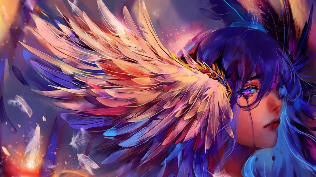 Woman colorful wings head blue free wallpaper for desktop - medium preview image