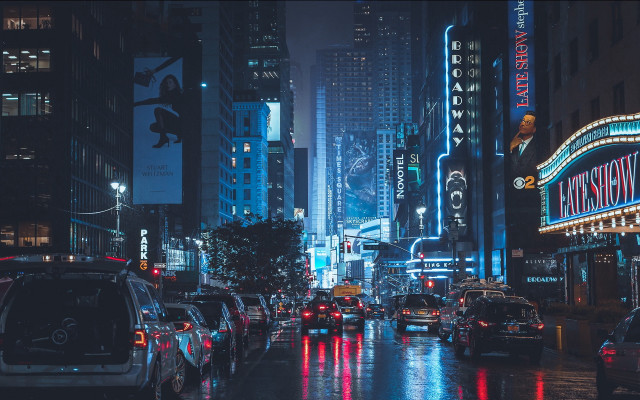 City street neon rainy night free wallpaper for desktop - medium preview image