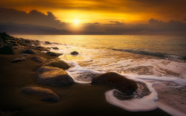 Sunset ocean waves rocks mountains #2 free wallpaper for desktop - medium preview image