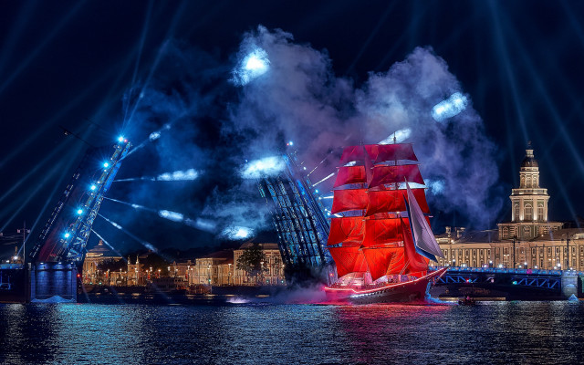 Red boat river city clock free wallpaper for desktop - medium preview image