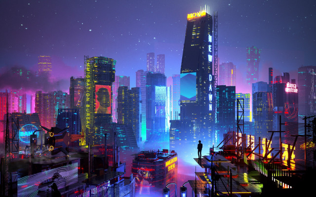 Cyberpunk city night rooftop neon free wallpaper for desktop - medium preview image