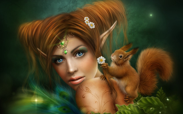Woman squirrel flower elf green free wallpaper for desktop - medium preview image