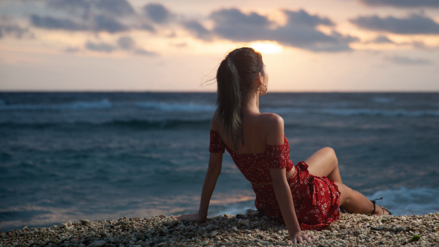 Woman beach sunset ocean sky free wallpaper for desktop - medium preview image