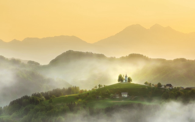 Small house hill fog trees free wallpaper for desktop - medium preview image