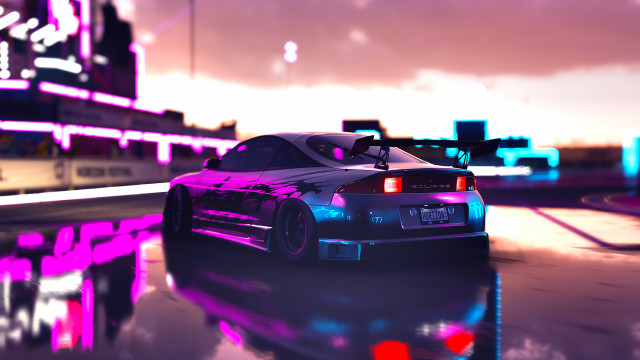 Car neon building city street free wallpaper for desktop - medium preview image