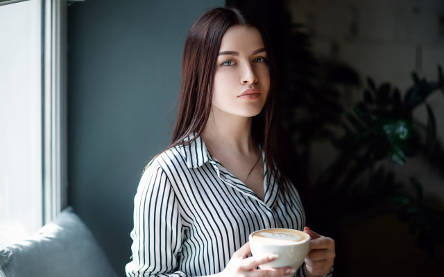 Woman coffee holding window portrait free wallpaper for desktop - medium preview image